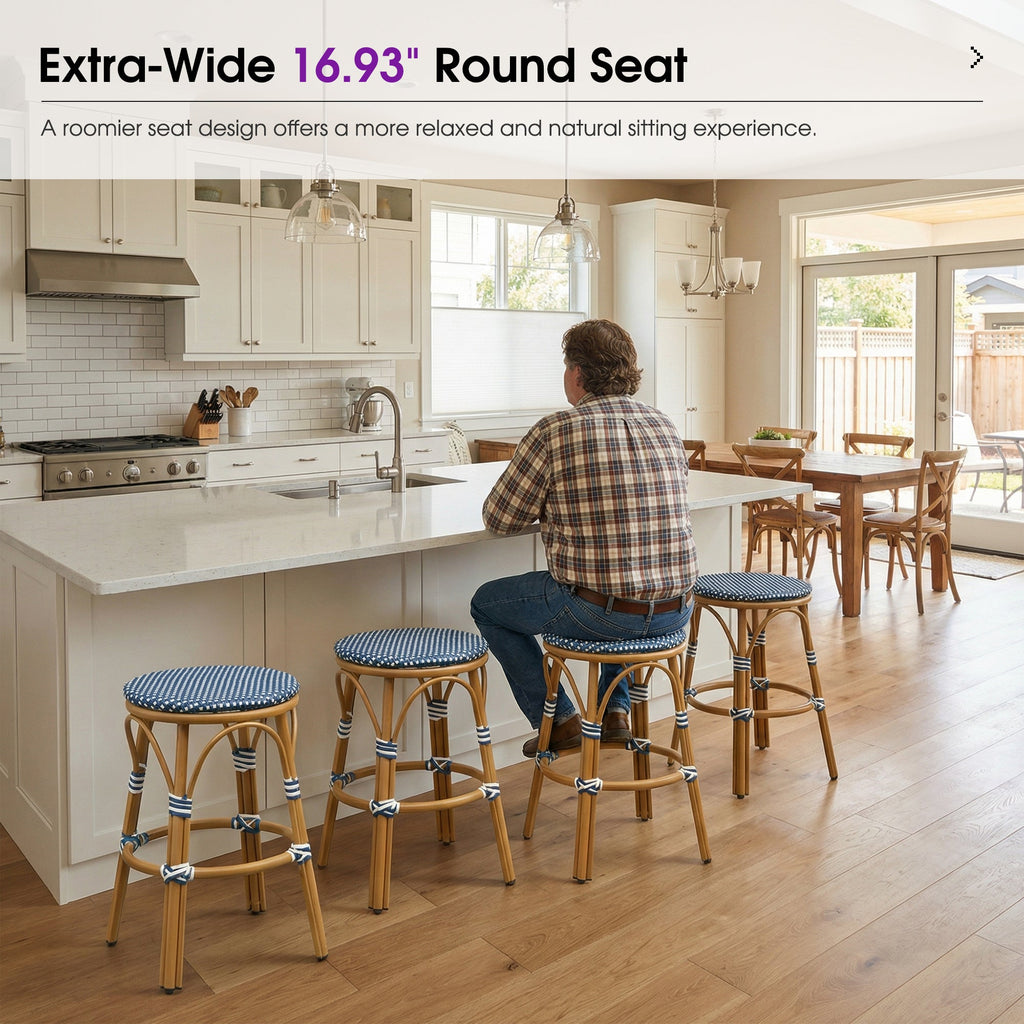 PURPLE LEAF Patio French Round Counter Stool Set of 2 Rattan Backless Stackable Barstools Aluminum Frame Footrest with Woven Wicker for Outdoor Kitchen Yard