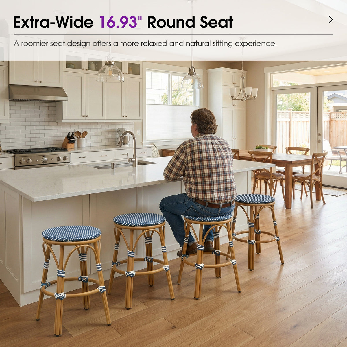 PURPLE LEAF Patio French Round Counter Stool Set of 2 Rattan Backless Stackable Barstools Aluminum Frame Footrest with Woven Wicker for Outdoor Kitchen Yard