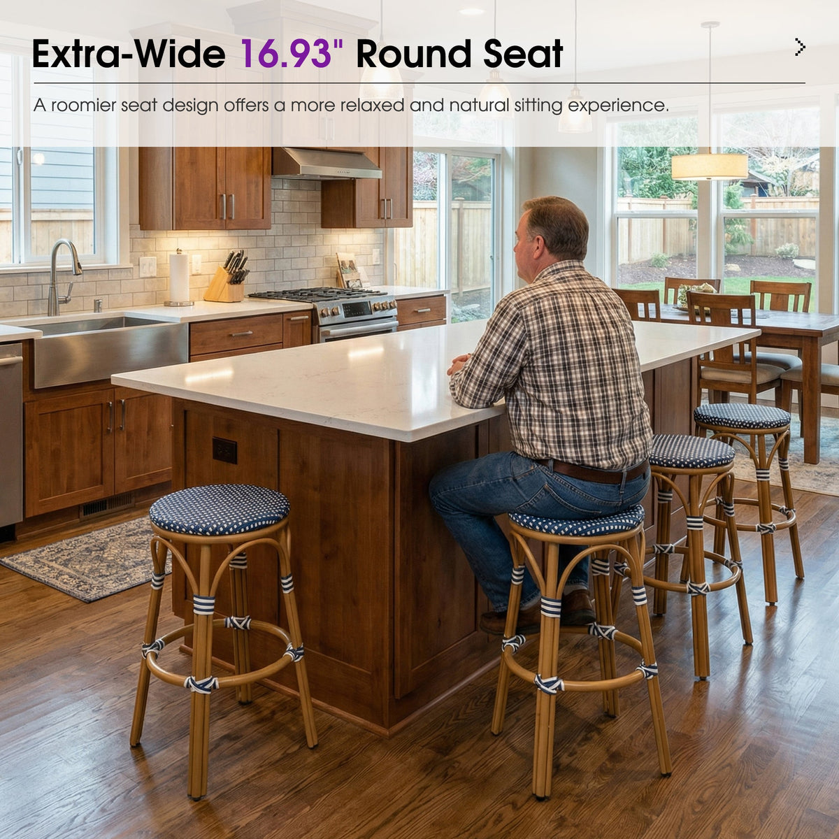 PURPLE LEAF Patio French Round Counter Stool Set of 2 Rattan Backless Stackable Barstools Aluminum Frame Footrest with Woven Wicker for Outdoor Kitchen Yard