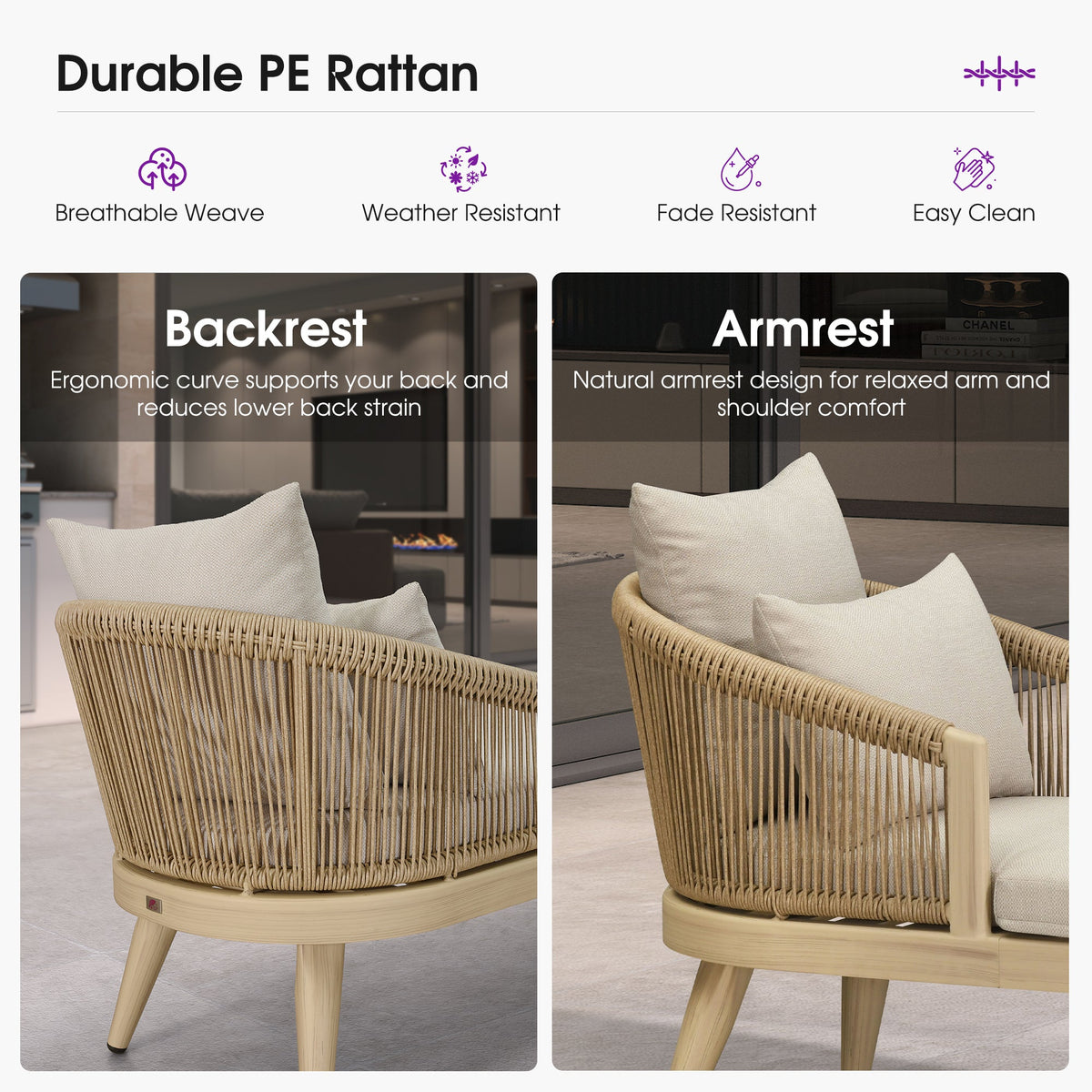 PURPLE LEAF Patio Chaise Lounge Elegant Aluminum Outdoor Lounge Chair with Pillow & Lumbar Support PE Rattan Backrest All Weather for Lawn Beach Backyard
