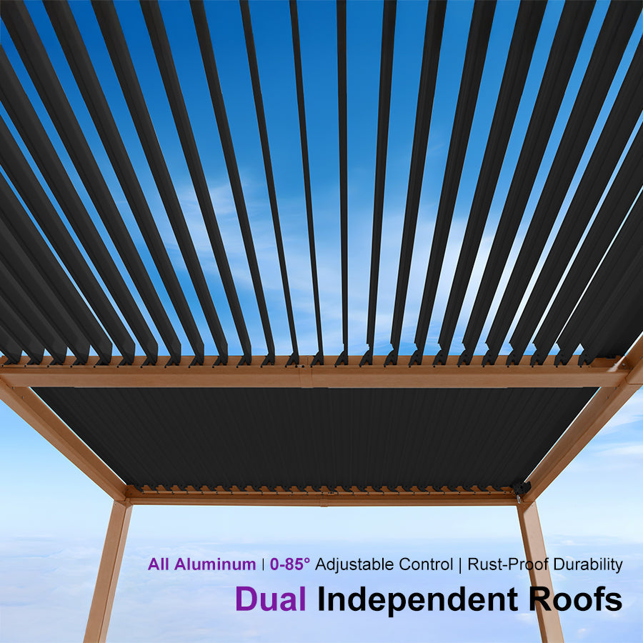 PURPLE LEAF Caesar Louvered Pergola with Yellow Lights Wood Grain Frame Gray Roof Aluminum Pergola with Adjustable Roof  Hardtop Gazebo for Outdoor Deck Garden Yard