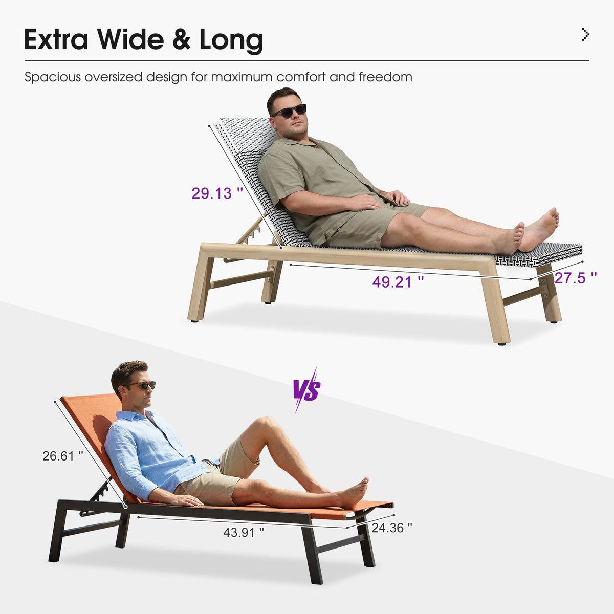 PURPLE LEAF Pool Oversized Lounge Chairs Rattan Aluminium Patio Chaise Lounge Outdoor Adjustable Recliner Finish Loungers Woven PE Sun Chairs for Poolside Deck Beach