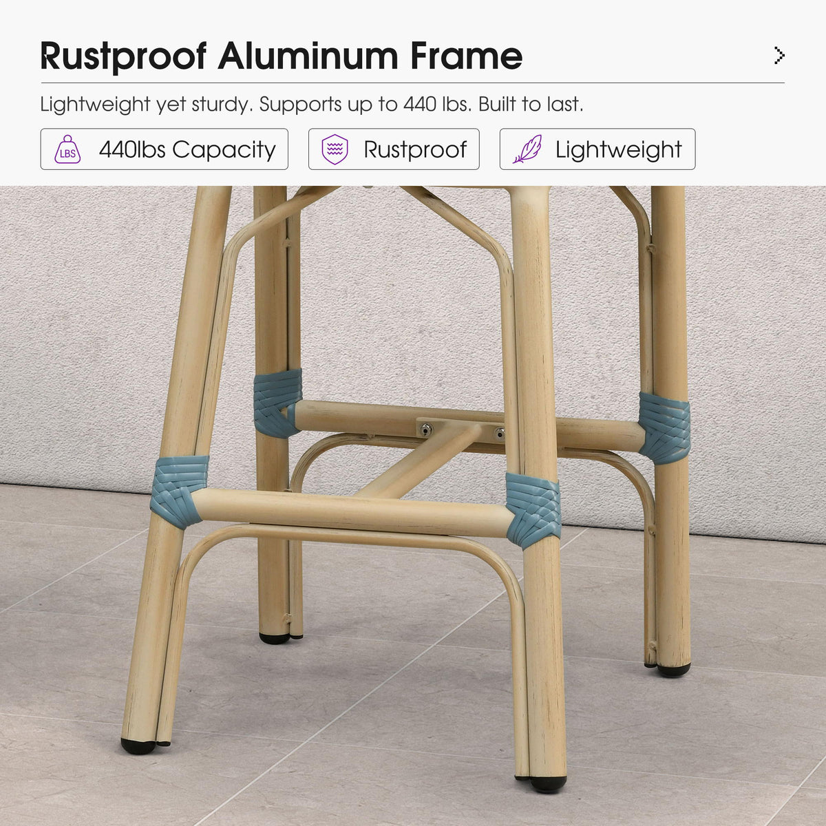 PURPLE LEAF Patio French Counter Stool Set of 2 Outdoor Backrest Barstools Aluminum Frame Woven Rattan for Indoor Kitchen Garden Balcony Restaurant
