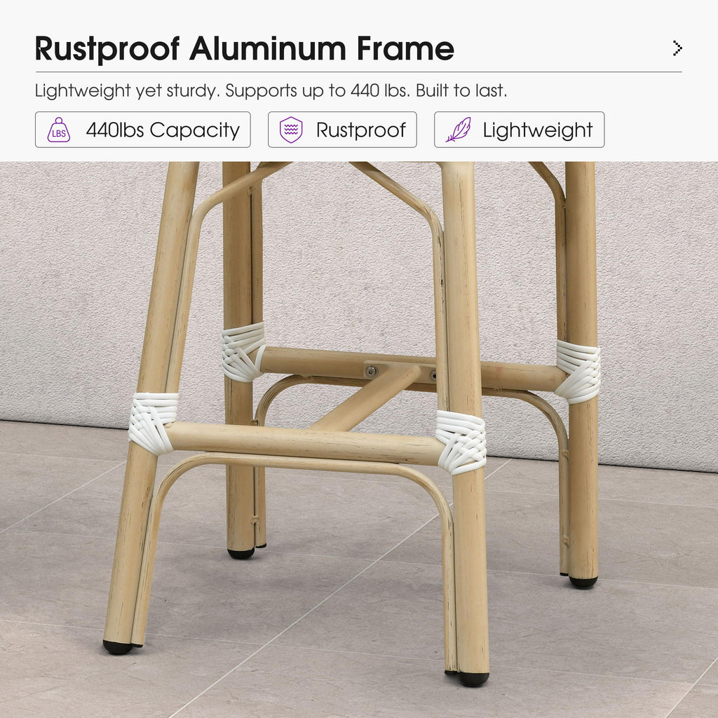PURPLE LEAF Patio French Counter Stool Set of 2 Outdoor Backrest Barstools Aluminum Frame Woven Rattan for Indoor Kitchen Garden Balcony Restaurant