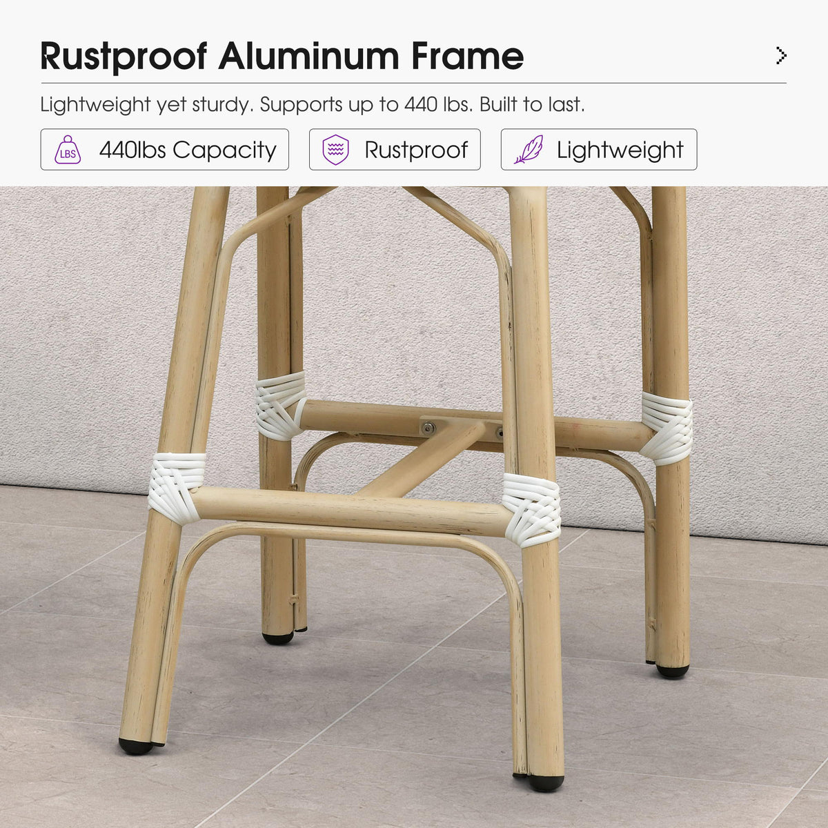 PURPLE LEAF Patio French Counter Stool Set of 2 Outdoor Backrest Barstools Aluminum Frame Woven Rattan for Indoor Kitchen Garden Balcony Restaurant