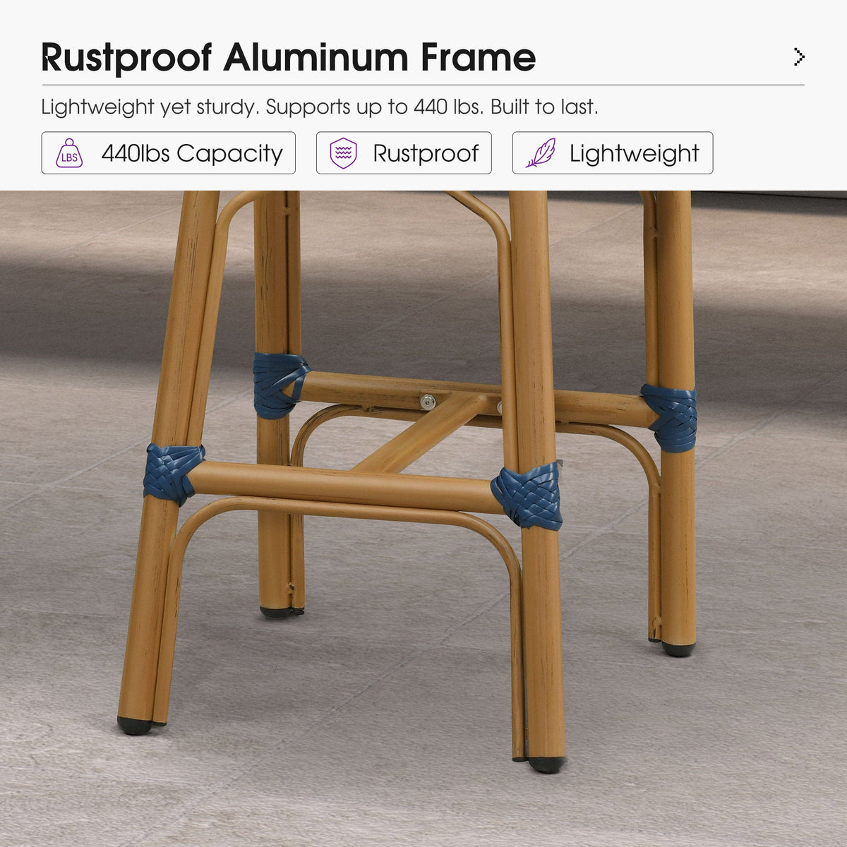 PURPLE LEAF Patio French Counter Stool Set of 2 Outdoor Backrest Barstools Aluminum Frame Woven Rattan for Indoor Kitchen Garden Balcony Restaurant
