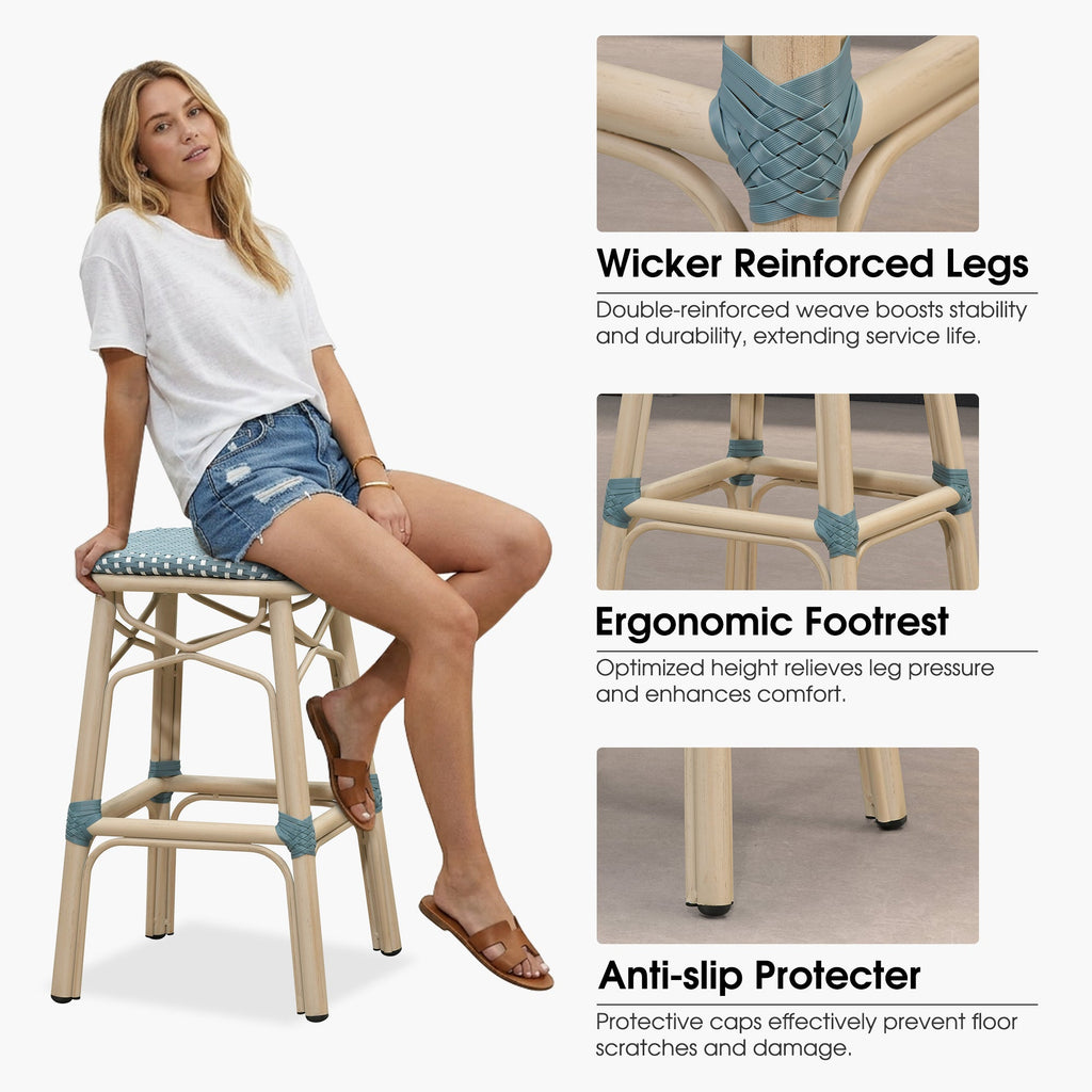 PURPLE LEAF Outdoor Bar Stools Set of 2 Rattan Patio Tall Bar Chairs Aluminum Frame with Back Barstools for Kitchen Garden Backyard Bistros Restaurant