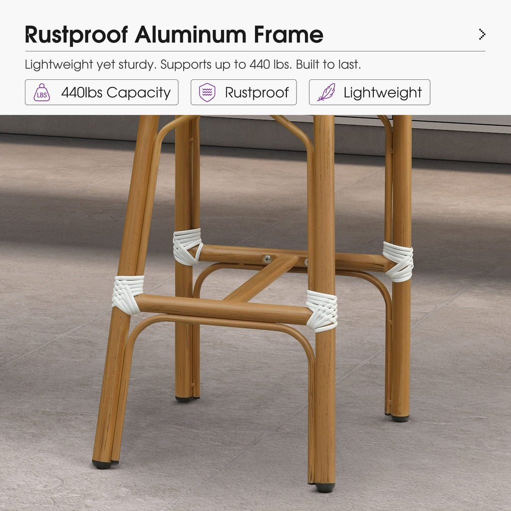 PURPLE LEAF Patio French Counter Stool Set of 2 Outdoor Backrest Barstools Aluminum Frame Woven Rattan for Indoor Kitchen Garden Balcony Restaurant