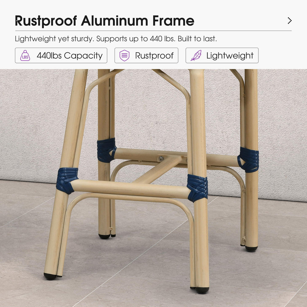 PURPLE LEAF Patio French Counter Stool Set of 2 Outdoor Backrest Barstools Aluminum Frame Woven Rattan for Indoor Kitchen Garden Balcony Restaurant