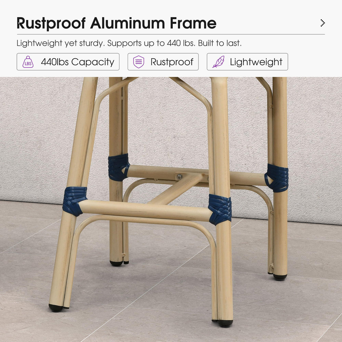 PURPLE LEAF Patio French Counter Stool Set of 2 Outdoor Backrest Barstools Aluminum Frame Woven Rattan for Indoor Kitchen Garden Balcony Restaurant
