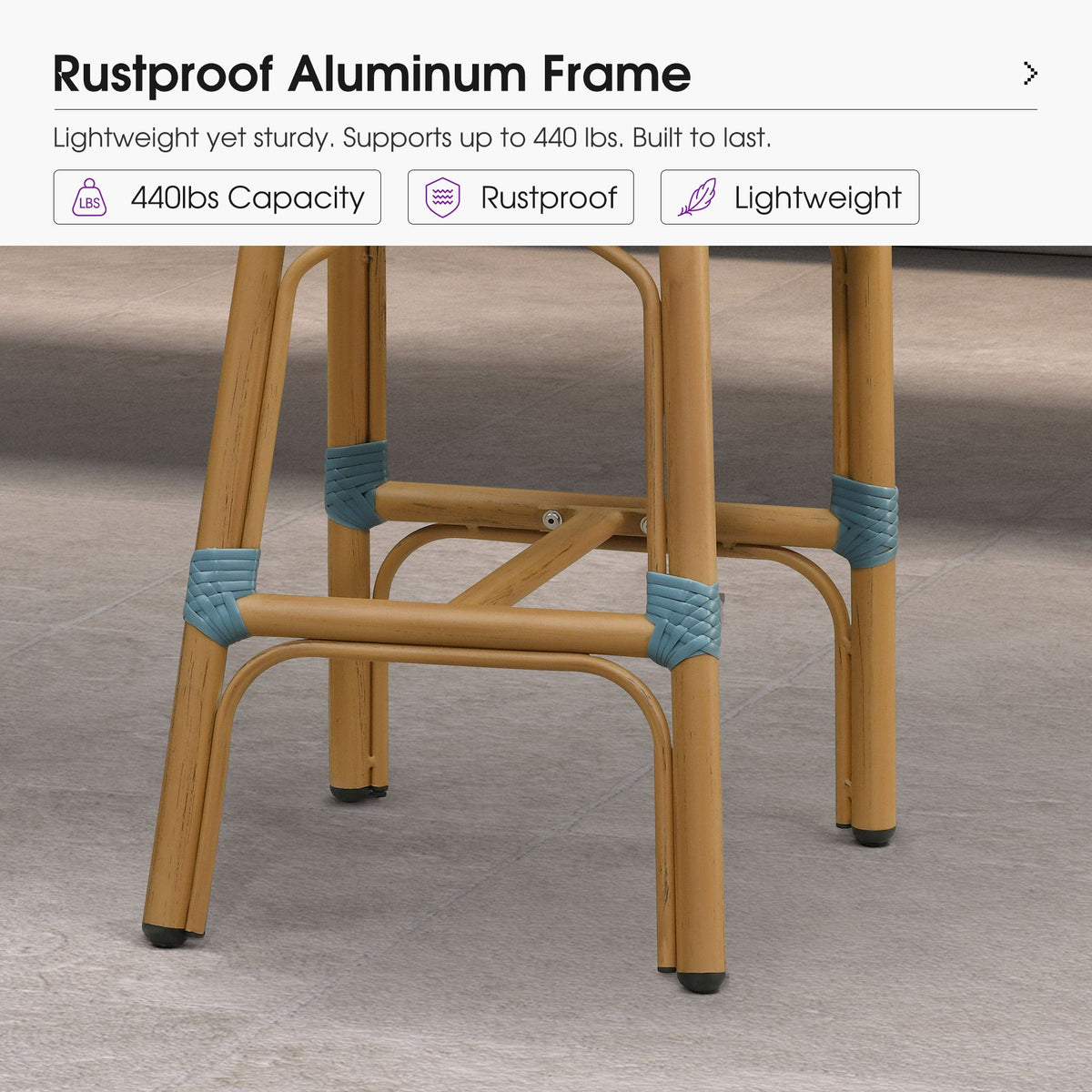 PURPLE LEAF Patio French Counter Stool Set of 2 Outdoor Backrest Barstools Aluminum Frame Woven Rattan for Indoor Kitchen Garden Balcony Restaurant