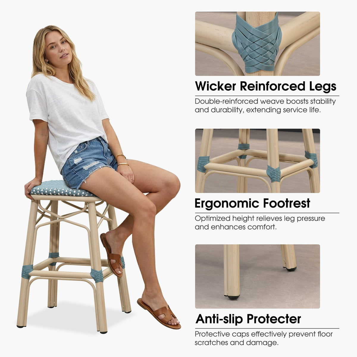 PURPLE LEAF Outdoor Bar Stools Set of 2 Rattan Patio Tall Bar Chairs Aluminum Frame with Back Barstools for Kitchen Garden Backyard Bistros Restaurant