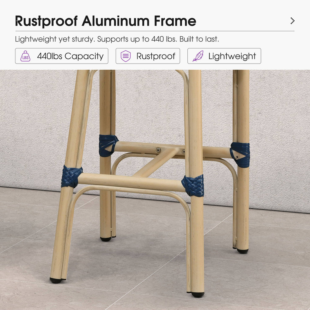 PURPLE LEAF Patio French Counter Stool Set of 2 Outdoor Backrest Barstools Aluminum Frame Woven Rattan for Indoor Kitchen Garden Balcony Restaurant