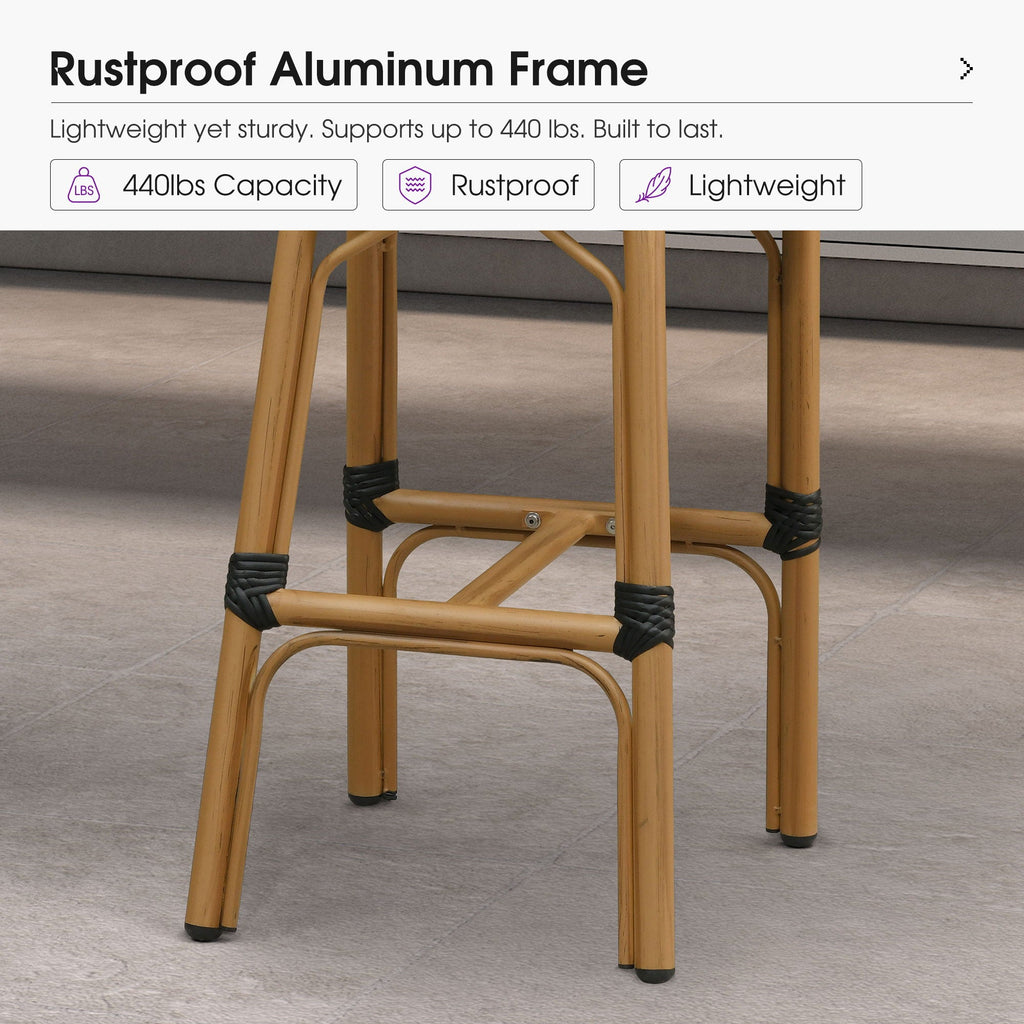 PURPLE LEAF Patio French Counter Stool Set of 2 Outdoor Backrest Barstools Aluminum Frame Woven Rattan for Indoor Kitchen Garden Balcony Restaurant