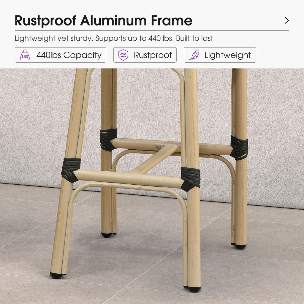 PURPLE LEAF Patio French Counter Stool Set of 2 Outdoor Backrest Barstools Aluminum Frame Woven Rattan for Indoor Kitchen Garden Balcony Restaurant