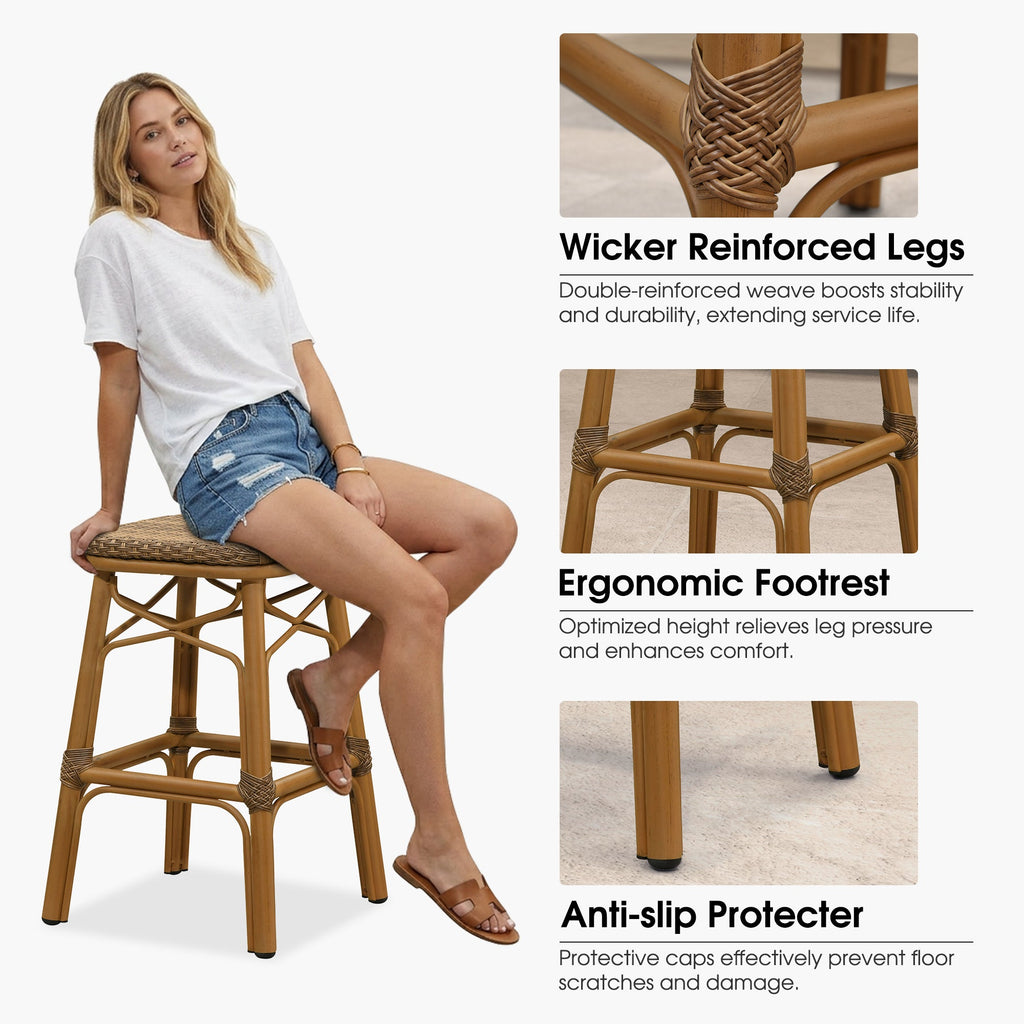 PURPLE LEAF Outdoor Bar Stools Set of 2 Rattan Patio Tall Bar Chairs Aluminum Frame with Back Barstools for Kitchen Garden Backyard Bistros Restaurant