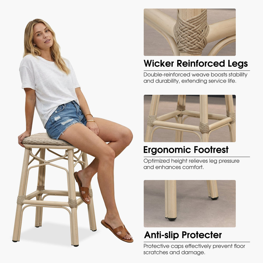 PURPLE LEAF Outdoor Bar Stools Set of 2 Rattan Patio Tall Bar Chairs Aluminum Frame with Back Barstools for Kitchen Garden Backyard Bistros Restaurant