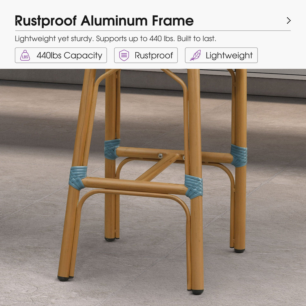 PURPLE LEAF Patio French Counter Stool Set of 2 Outdoor Backrest Barstools Aluminum Frame Woven Rattan for Indoor Kitchen Garden Balcony Restaurant