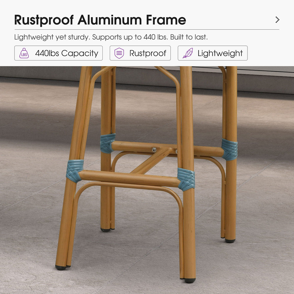 PURPLE LEAF Patio French Counter Stool Set of 2 Outdoor Backrest Barstools Aluminum Frame Woven Rattan for Indoor Kitchen Garden Balcony Restaurant
