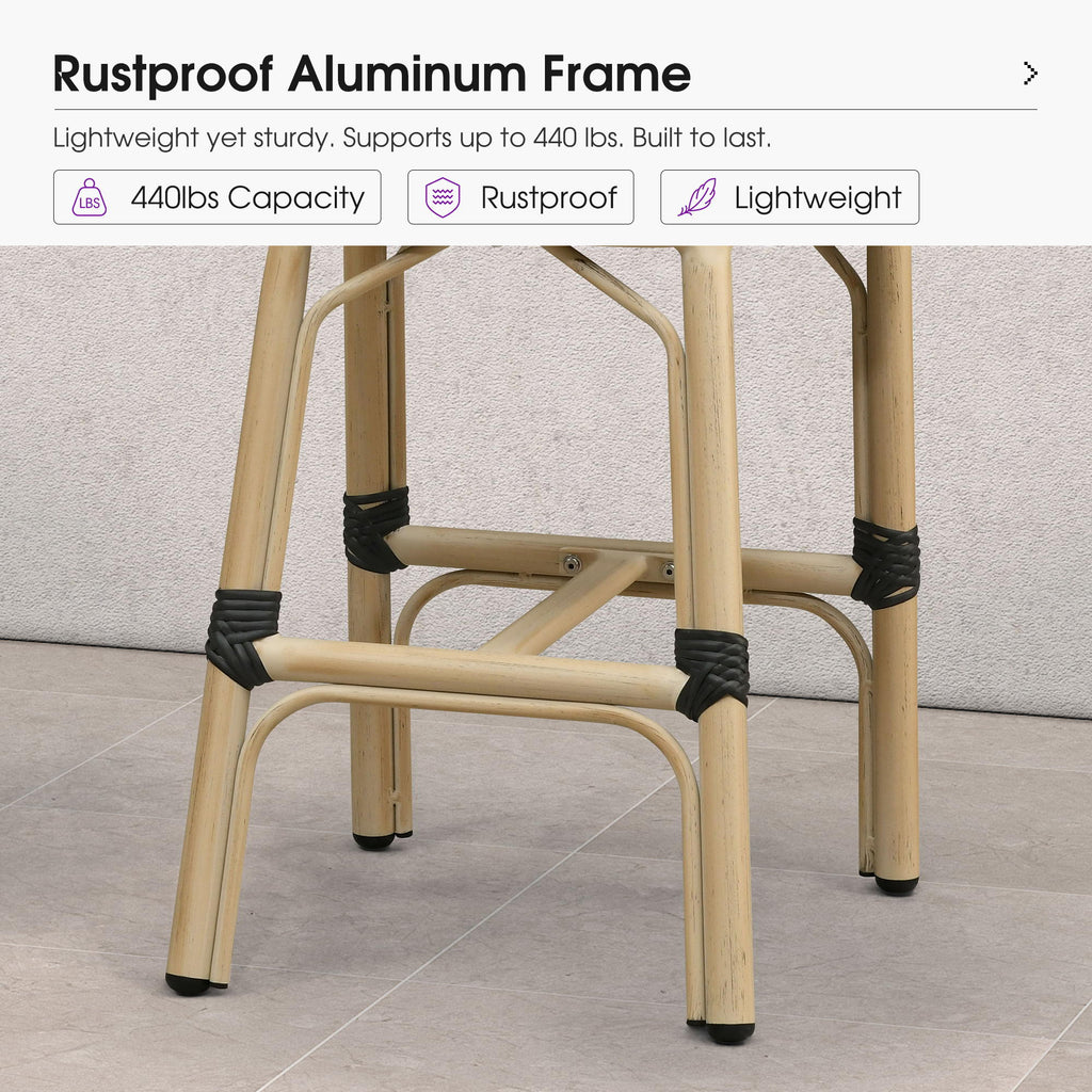 PURPLE LEAF Patio French Counter Stool Set of 2 Outdoor Backrest Barstools Aluminum Frame Woven Rattan for Indoor Kitchen Garden Balcony Restaurant