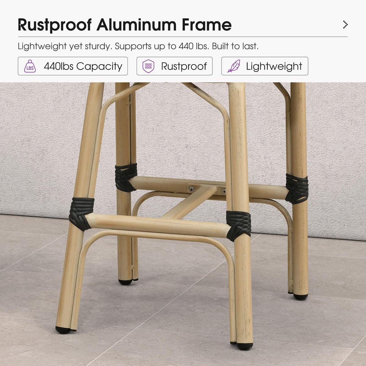PURPLE LEAF Patio French Counter Stool Set of 2 Outdoor Backrest Barstools Aluminum Frame Woven Rattan for Indoor Kitchen Garden Balcony Restaurant