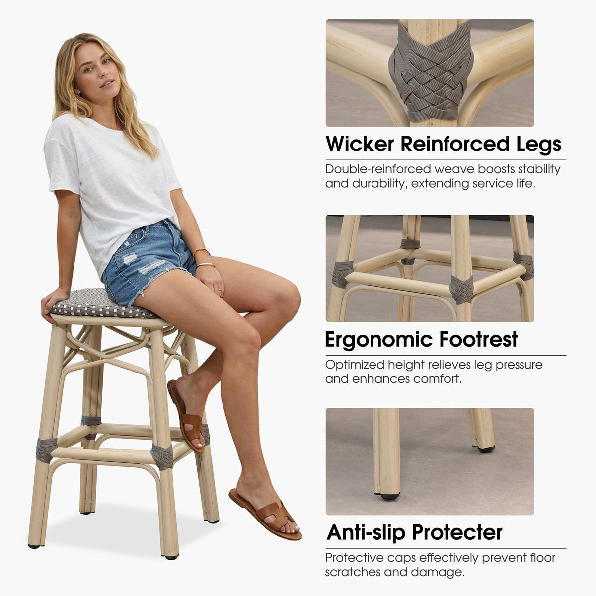 PURPLE LEAF Outdoor Bar Stools Set of 2 Rattan Patio Tall Bar Chairs Aluminum Frame with Back Barstools for Kitchen Garden Backyard Bistros Restaurant