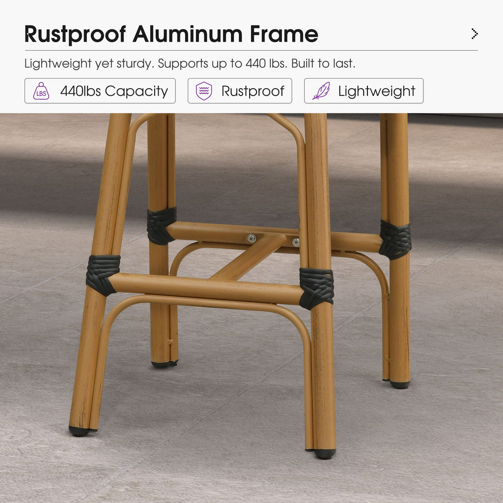 PURPLE LEAF Patio French Counter Stool Set of 2 Outdoor Backrest Barstools Aluminum Frame Woven Rattan for Indoor Kitchen Garden Balcony Restaurant
