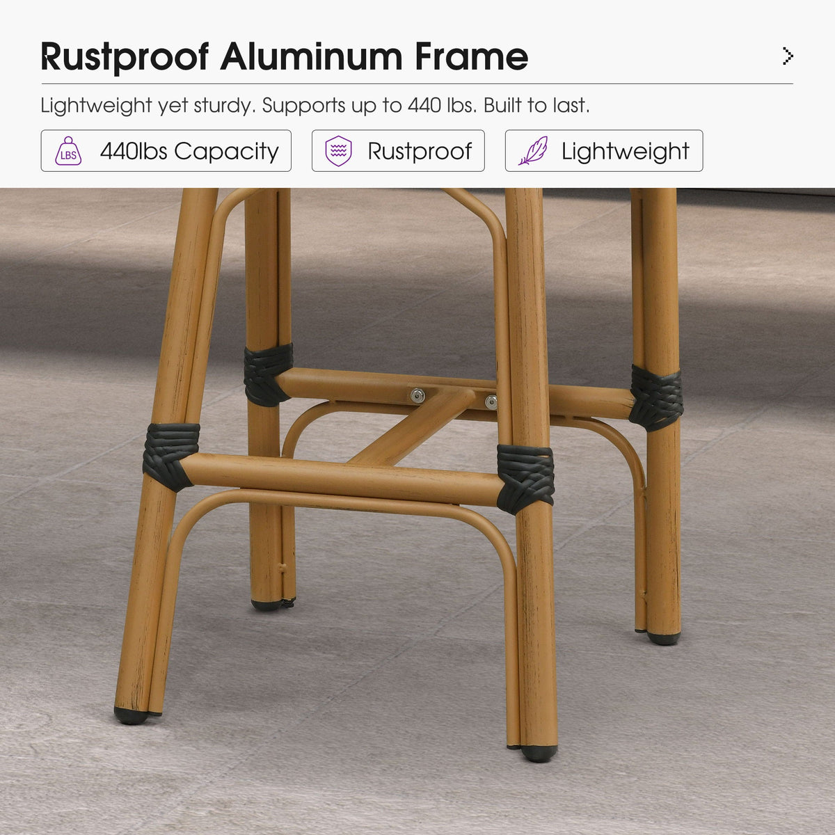PURPLE LEAF Patio French Counter Stool Set of 2 Outdoor Backrest Barstools Aluminum Frame Woven Rattan for Indoor Kitchen Garden Balcony Restaurant