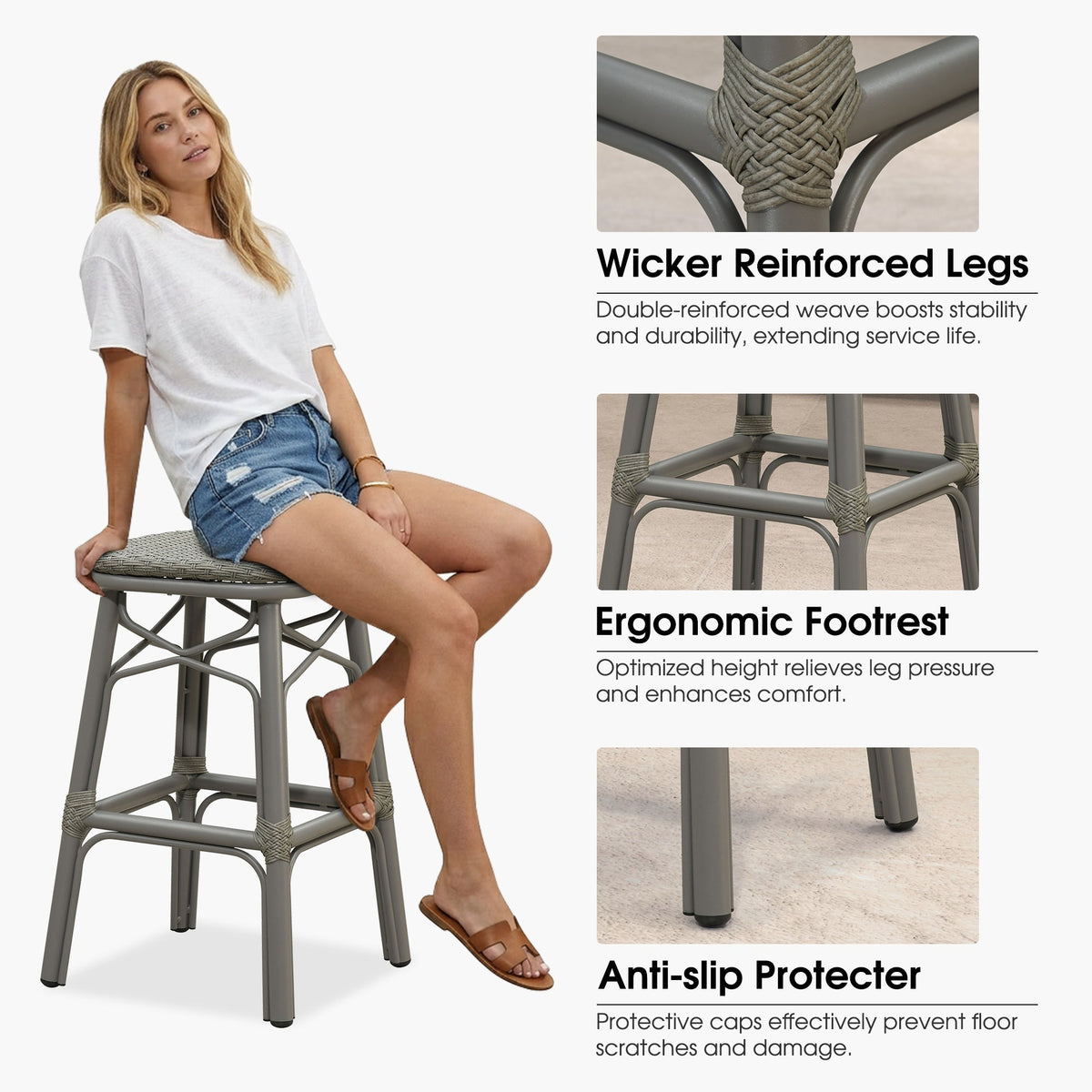 PURPLE LEAF Outdoor Bar Stools Set of 2 Rattan Patio Tall Bar Chairs Aluminum Frame with Back Barstools for Kitchen Garden Backyard Bistros Restaurant