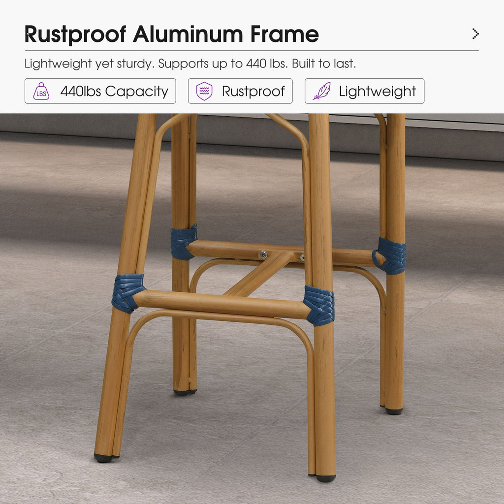 PURPLE LEAF Patio French Counter Stool Set of 2 Outdoor Backrest Barstools Aluminum Frame Woven Rattan for Indoor Kitchen Garden Balcony Restaurant