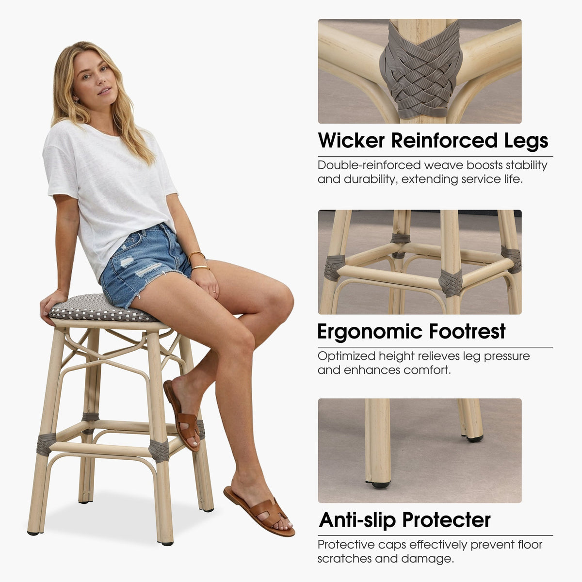 PURPLE LEAF Outdoor Bar Stools Set of 2 Rattan Patio Tall Bar Chairs Aluminum Frame with Back Barstools for Kitchen Garden Backyard Bistros Restaurant