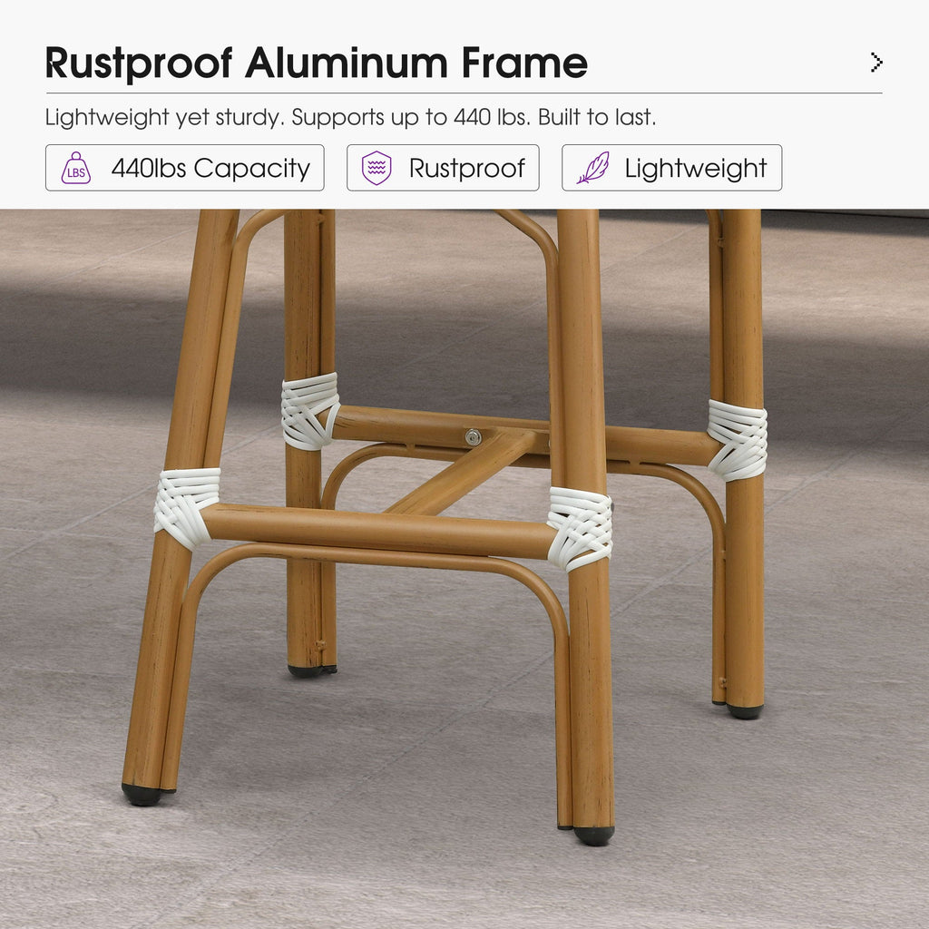PURPLE LEAF Patio French Counter Stool Set of 2 Outdoor Backrest Barstools Aluminum Frame Woven Rattan for Indoor Kitchen Garden Balcony Restaurant