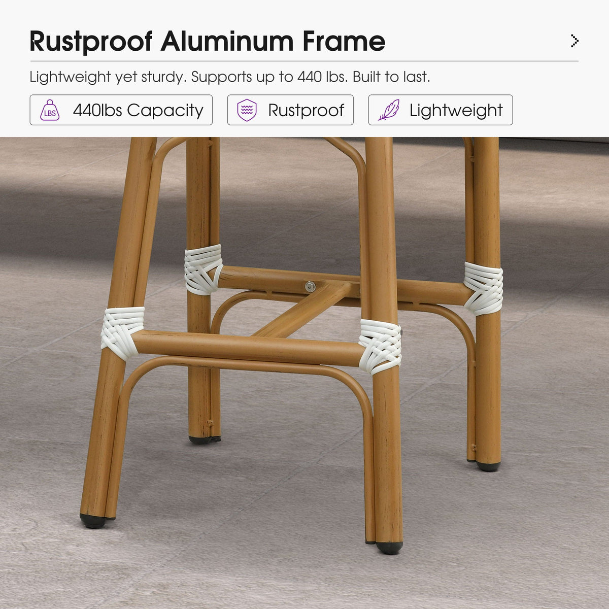 PURPLE LEAF Patio French Counter Stool Set of 2 Outdoor Backrest Barstools Aluminum Frame Woven Rattan for Indoor Kitchen Garden Balcony Restaurant