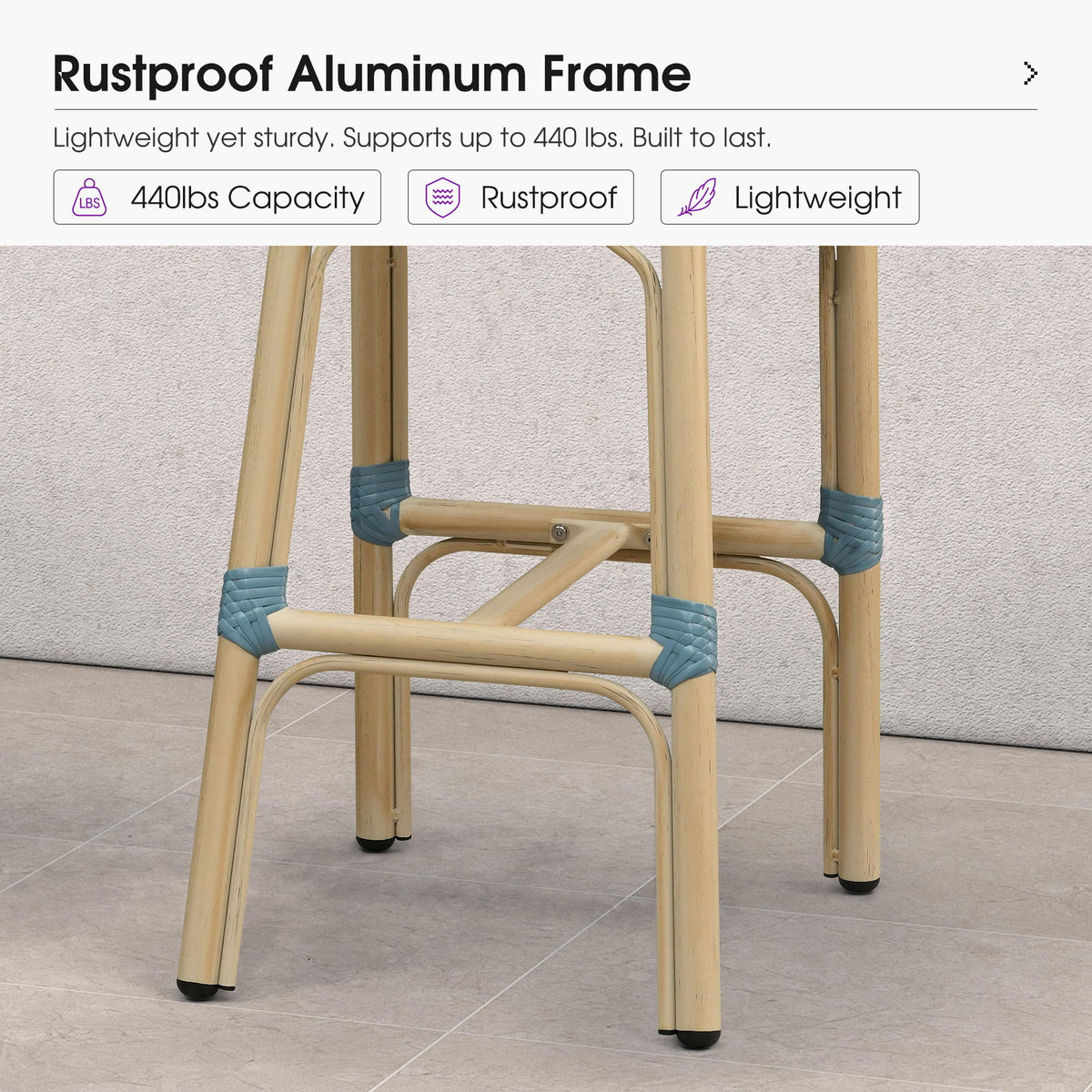 PURPLE LEAF Patio French Counter Stool Set of 2 Outdoor Backrest Barstools Aluminum Frame Woven Rattan for Indoor Kitchen Garden Balcony Restaurant