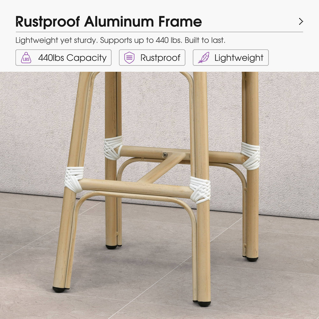 PURPLE LEAF Patio French Counter Stool Set of 2 Outdoor Backrest Barstools Aluminum Frame Woven Rattan for Indoor Kitchen Garden Balcony Restaurant
