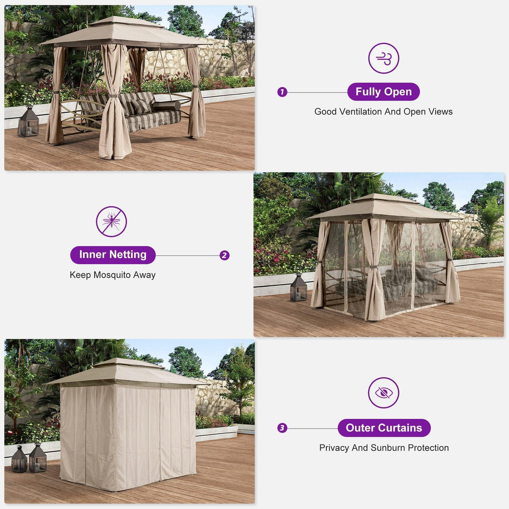 PURPLE LEAF 3 Person Outdoor Patio Porch Swing Gazebo with Netting & Gazebo Curtains with Canopy Swings for Adults