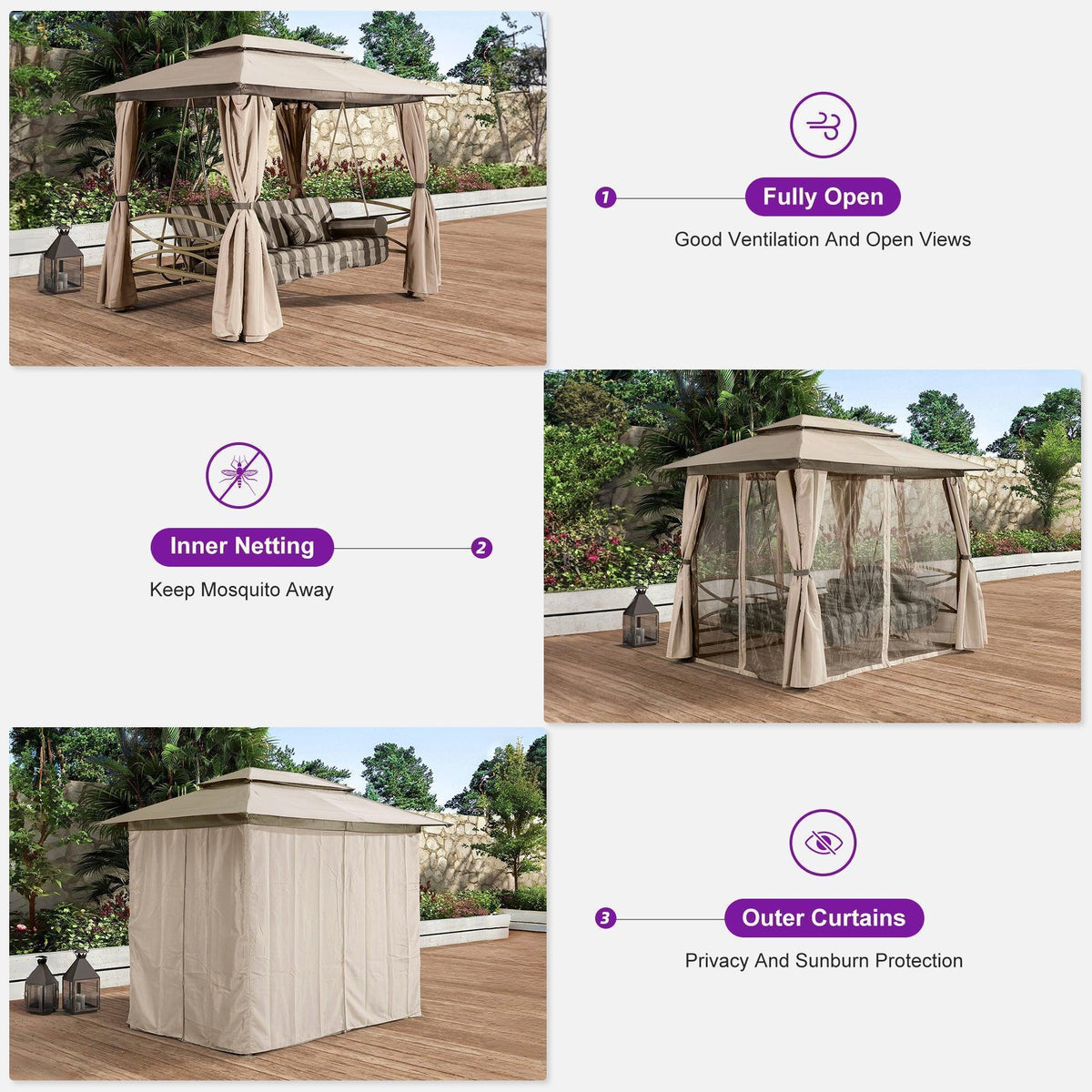 PURPLE LEAF 3 Person Outdoor Patio Porch Swing Gazebo with Netting & Gazebo Curtains with Canopy Swings for Adults