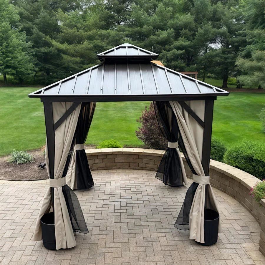 PURPLE LEAF Hardtop Gazebo Featuring Galvanized Steel Double Roof and Bronze Aluminum Frame with Curtains and Netting for Patio and Poolside