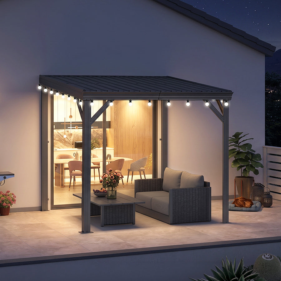 PURPLE LEAF Lean to Gazebo Metal Roof Patio Cover Built-in Drain Slots Wall Mounted Gazebo with Lights-milky for Outdoor Extension