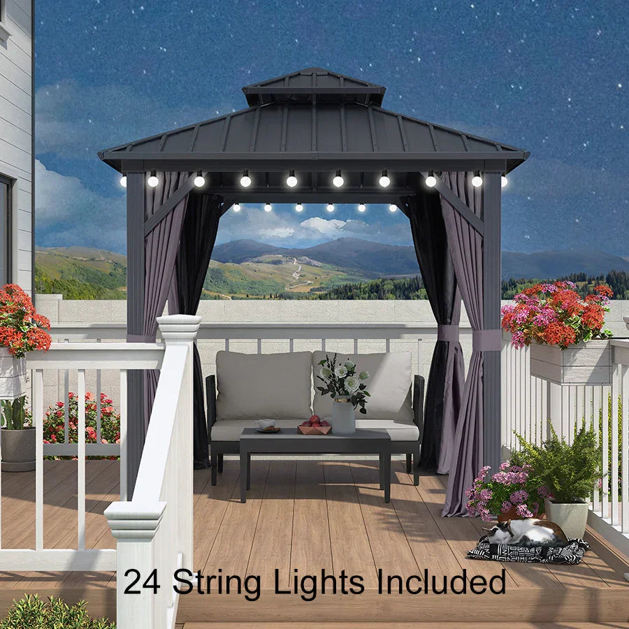 PURPLE LEAF Grey Hardtop Gazebo with Heavy Duty Galvanized Steel Double Roof with String Lights-milky