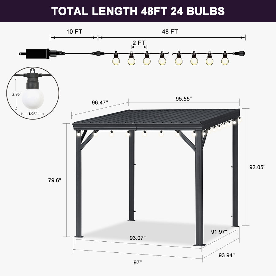 PURPLE LEAF Lean to Gazebo Metal Roof Patio Cover Built-in Drain Slots Wall Mounted Gazebo with Lights-milky for Outdoor Extension