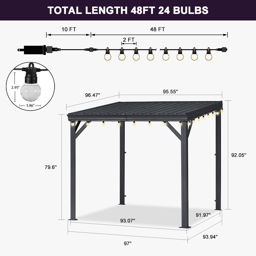 PURPLE LEAF Lean to Gazebo Metal Roof Patio Cover Built-in Drain Slots Wall Mounted Gazebo with Lights-clear for Outdoor Extension