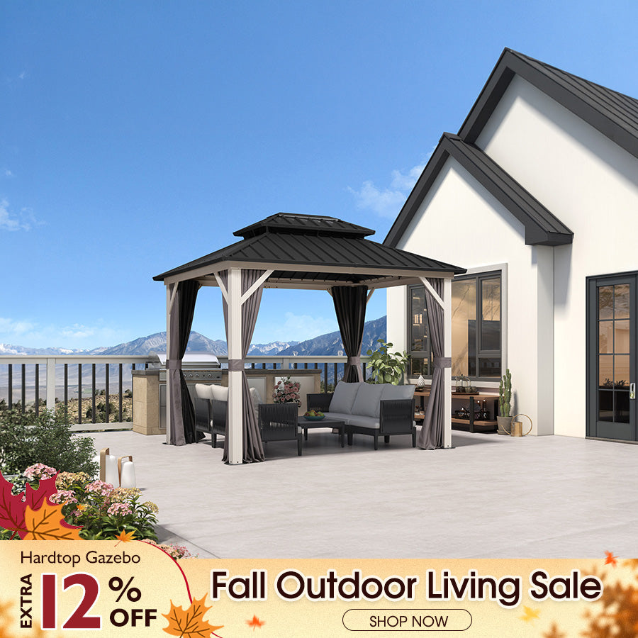 PURPLE LEAF Modern Gazebo Grey Hardtop Galvanized Steel Double Roof White Aluminum Poles with Curtains and Netting