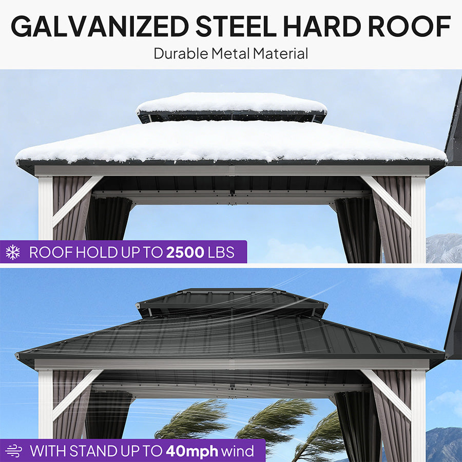 PURPLE LEAF Modern Gazebo Grey Hardtop Galvanized Steel Double Roof White Aluminum Poles with Curtains and Netting