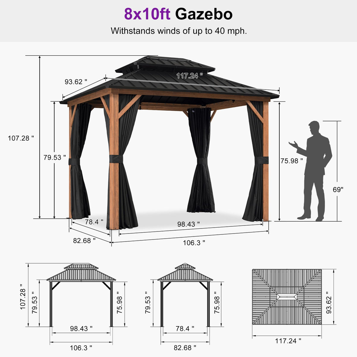 PURPLE LEAF Metal Gazebo Double Roof Wood Grain Aluminum Frame with Curtains and Netting