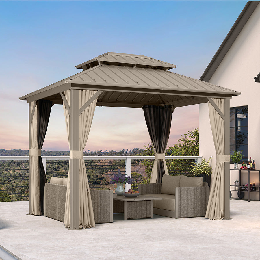 PURPLE LEAF Deck Gazebo Champagne Hardtop Metal Frame Double Roof with Curtains and Netting