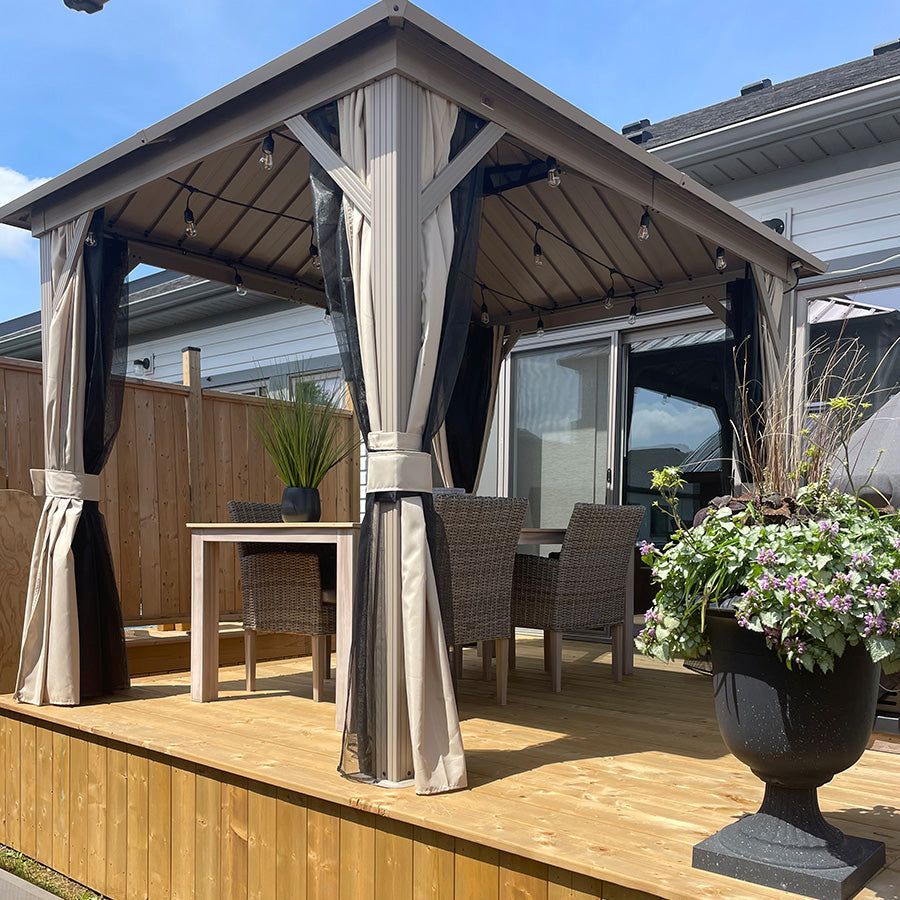 PURPLE LEAF Deck Gazebo Champagne Hardtop Metal Frame Double Roof with Curtains and Netting with Lights-milky