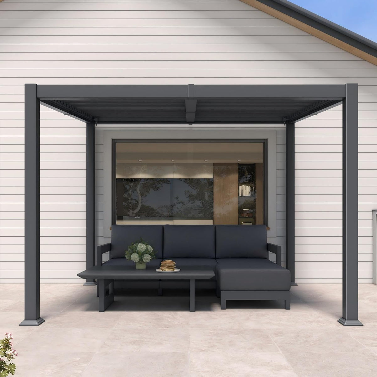 PURPLE LEAF Caesar Hardtop Louvered Pergola, Slanted Roof Outdoor Aluminum Patio Pergola with Adjustable Rainproof Roof, Heavy-Duty Lean to Gazebo for Patios Backyard Deck, Gray