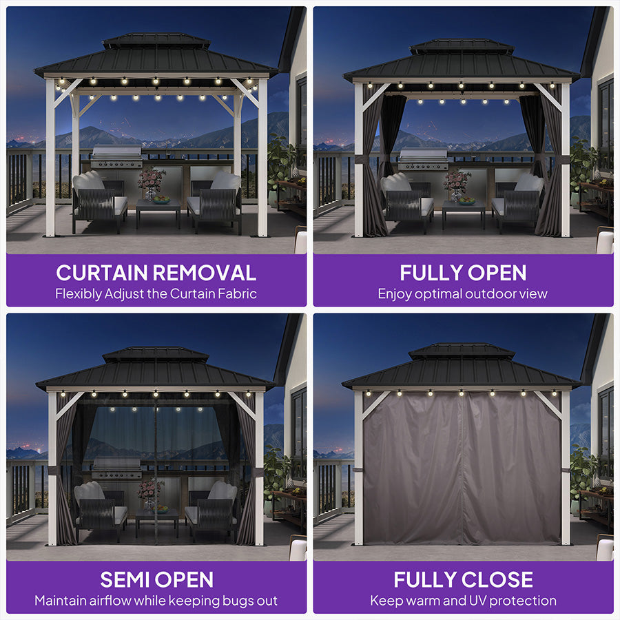 PURPLE LEAF Modern Gazebo Grey Hardtop Galvanized Steel Double Roof White Aluminum Poles with Curtains and Netting with Lights-clear