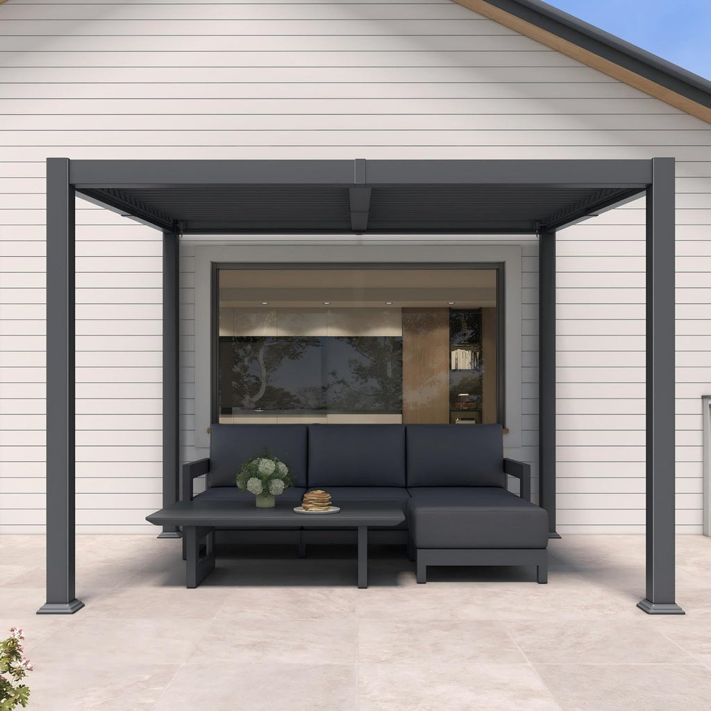 PURPLE LEAF Caesar Hardtop Louvered Pergola with LED String Lights, Slanted Roof Outdoor Aluminum Pergola with Adjustable Rainproof Louvers,Freestanding Patio Gazebo for Backyard Deck, Gray